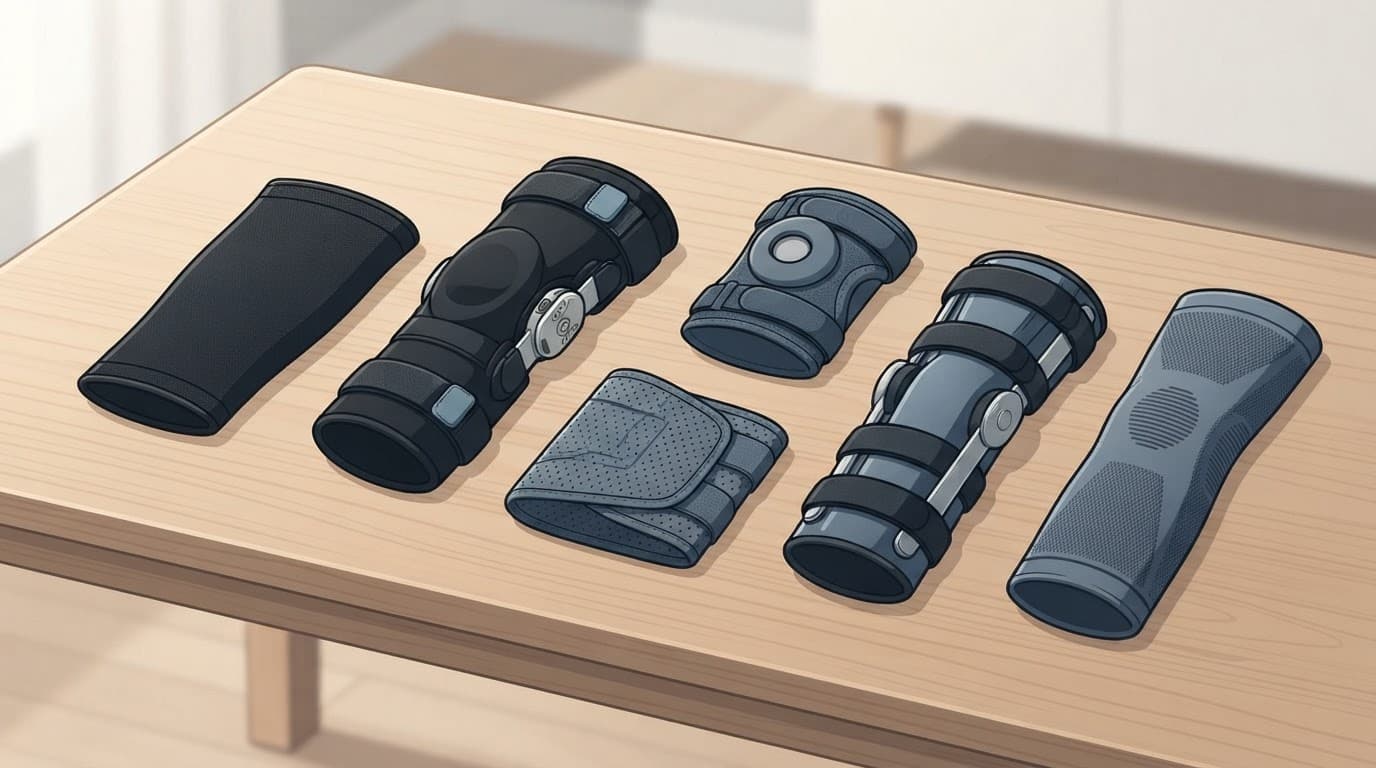 Des genouillères et manchons de compression alignés sur une table en bois clair.
