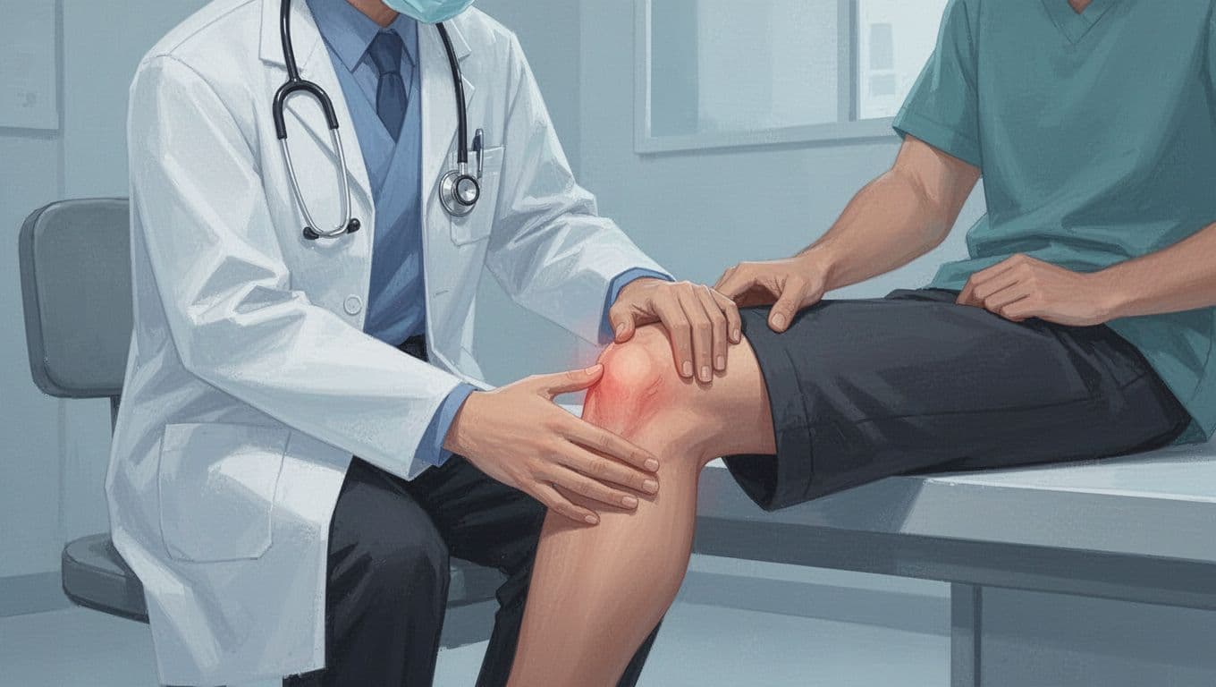 Un praticien examine un genou avec un gonflement au-dessus de la rotule.