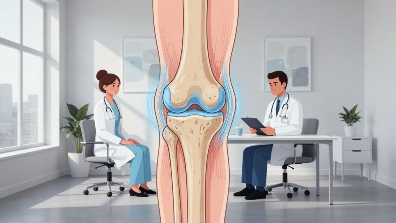 Illustration médicale d'une articulation du genou bleue avec une personne en consultation.