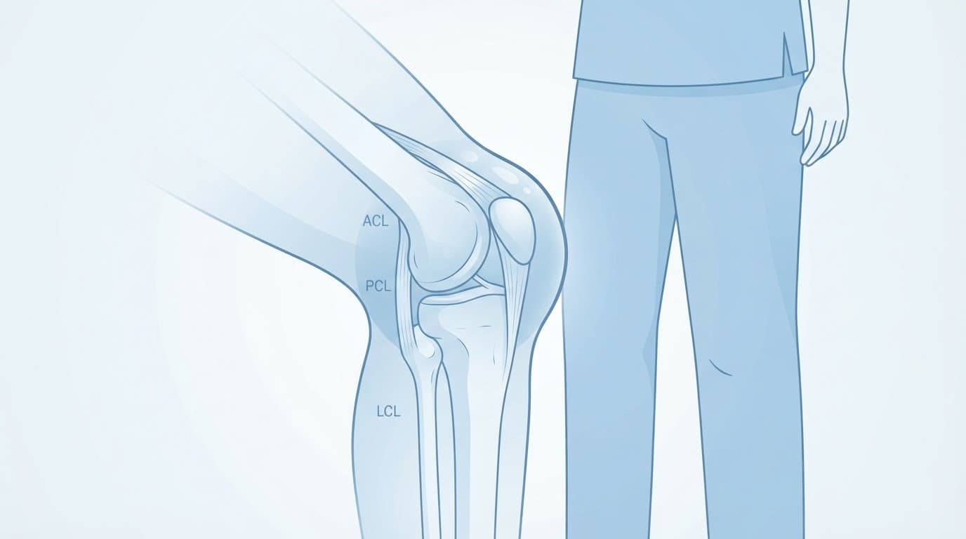 Illustration bleutée d'une articulation du genou en contexte médical.