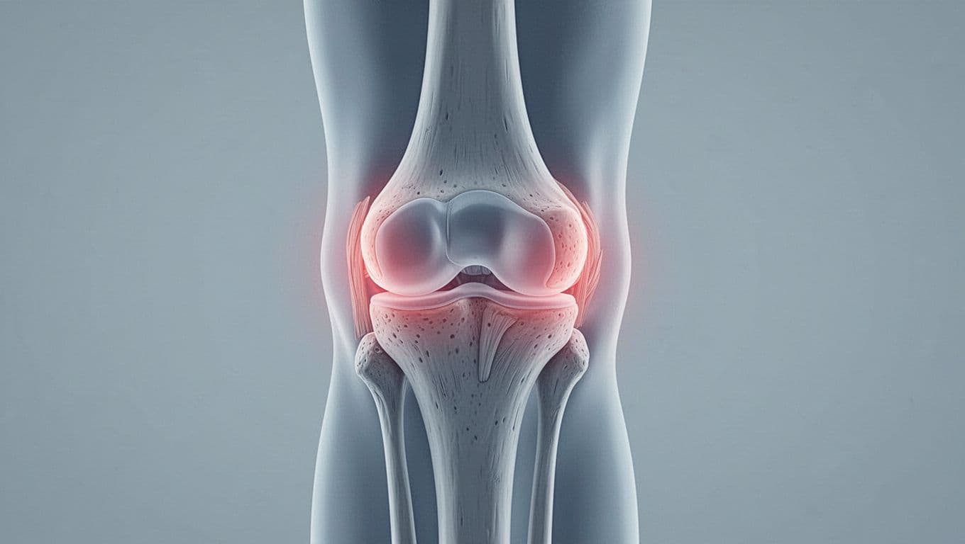 Illustration d'un genou humain montrant une articulation gonflée et inflammée en bleu ardoise.