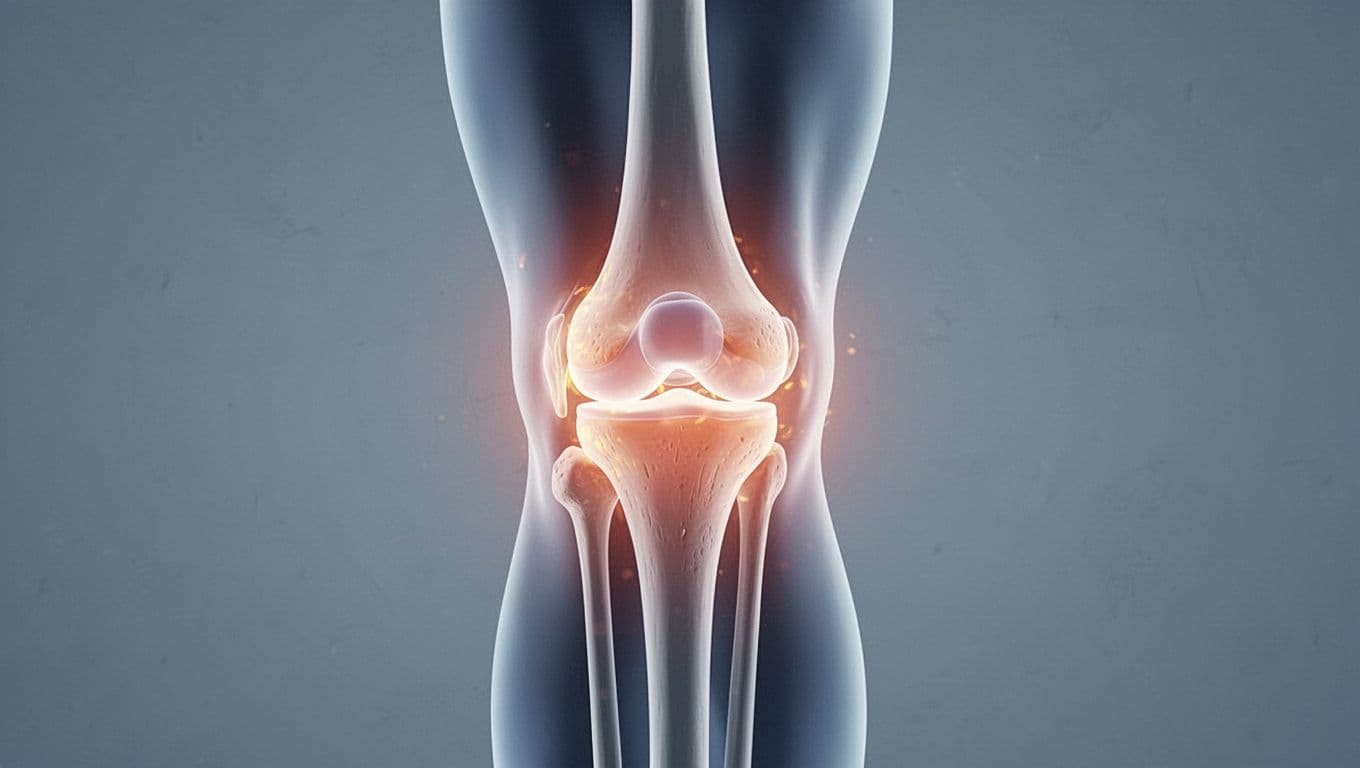 Articulation du genou avec des zones lumineuses signalant l'inflammation.