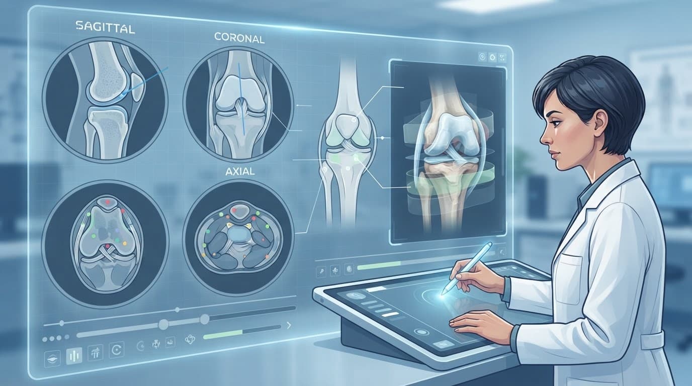 Interface d'IRM montrant le genou selon trois plans de coupe, avec une personne.