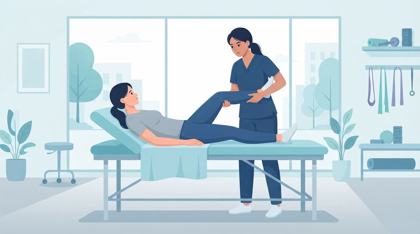 Un kinésithérapeute guide un patient pendant un étirement doux du genou en clinique.