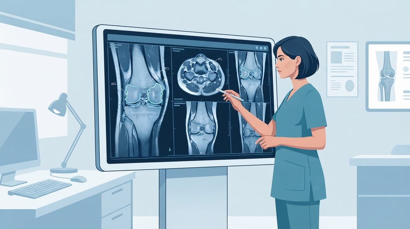 Une docteure examine une IRM du genou sur un écran numérique.