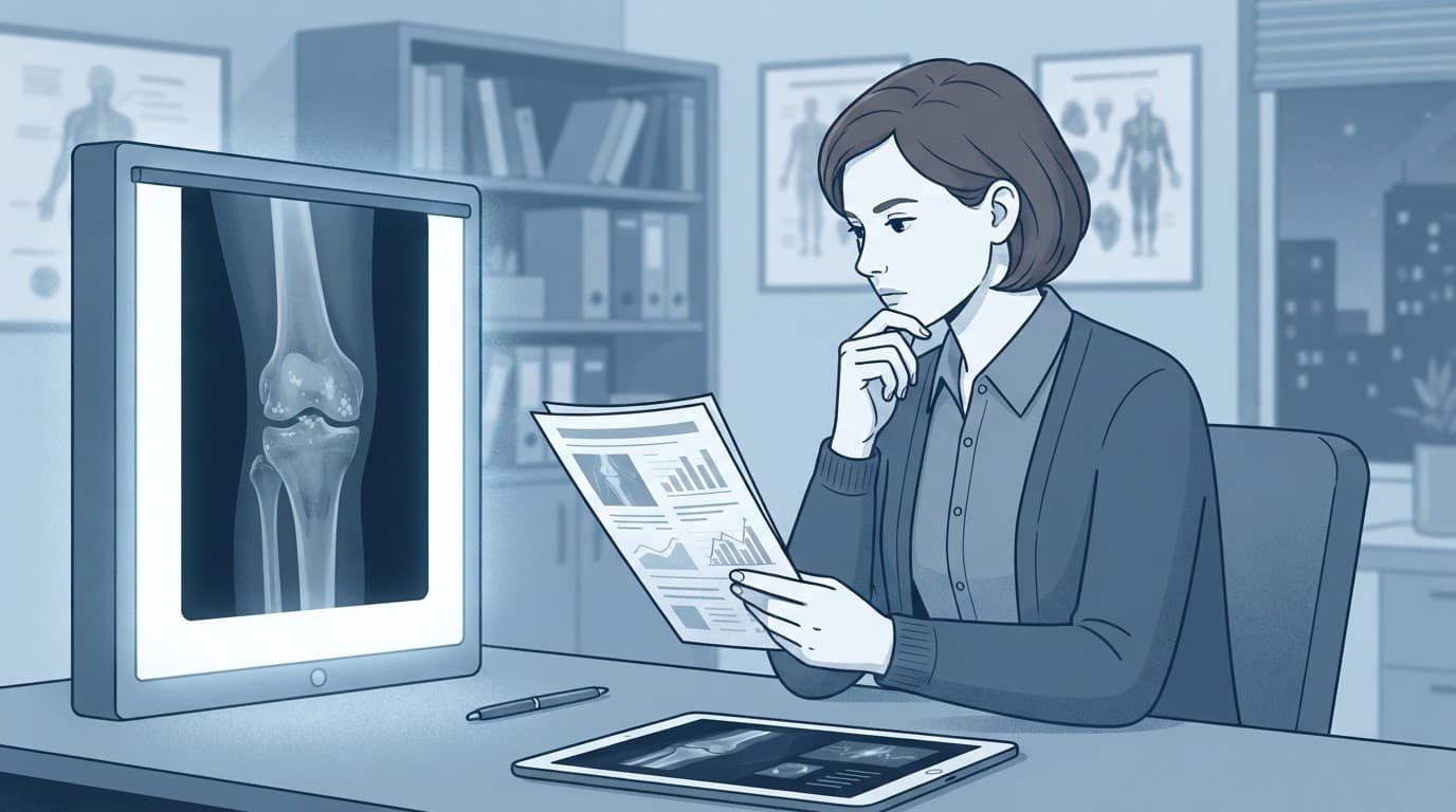 Un médecin lit un rapport près d'une radiographie du genou éclairée.