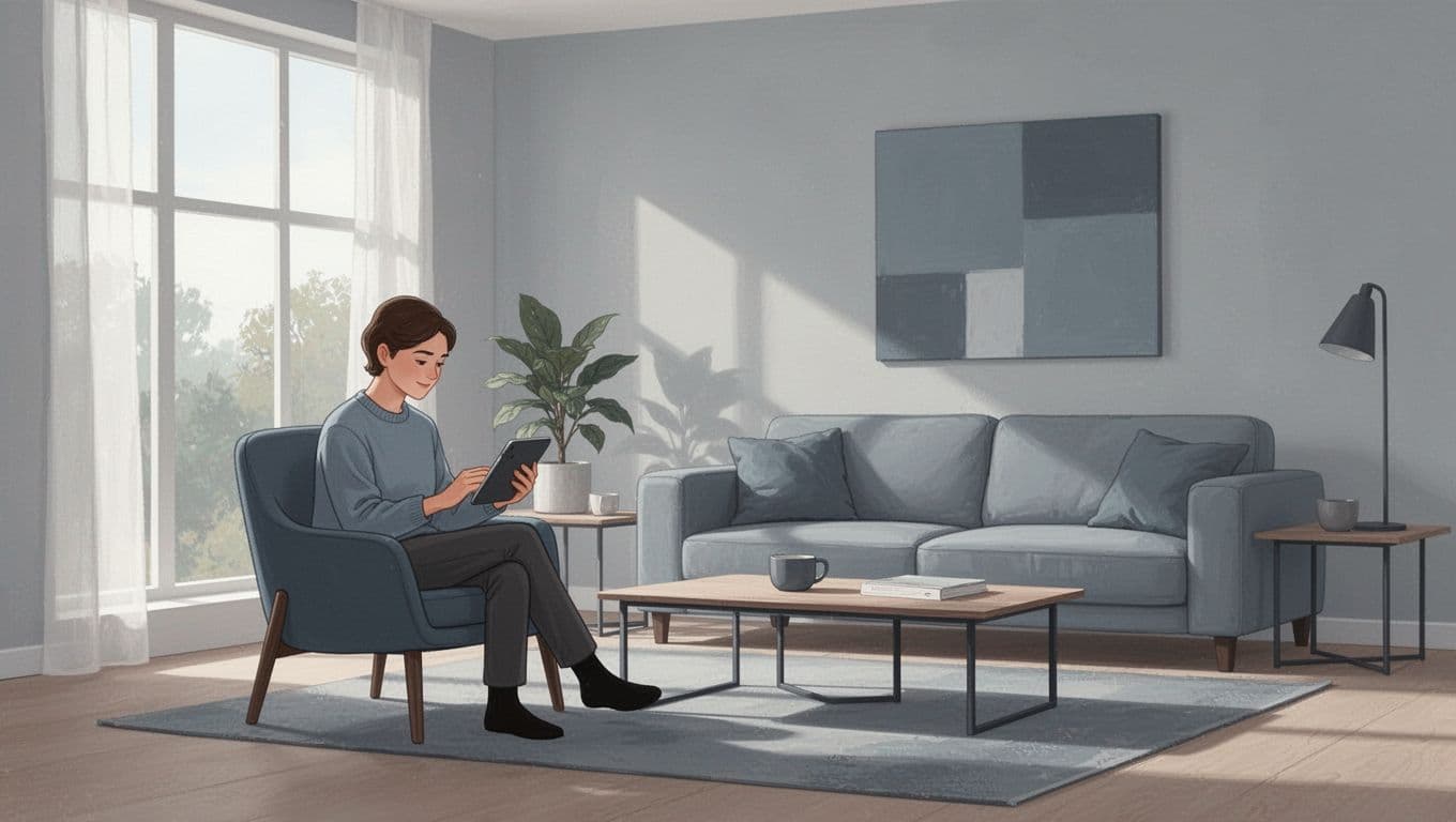 Une personne lit des informations de santé sur une tablette, dans un salon lumineux.