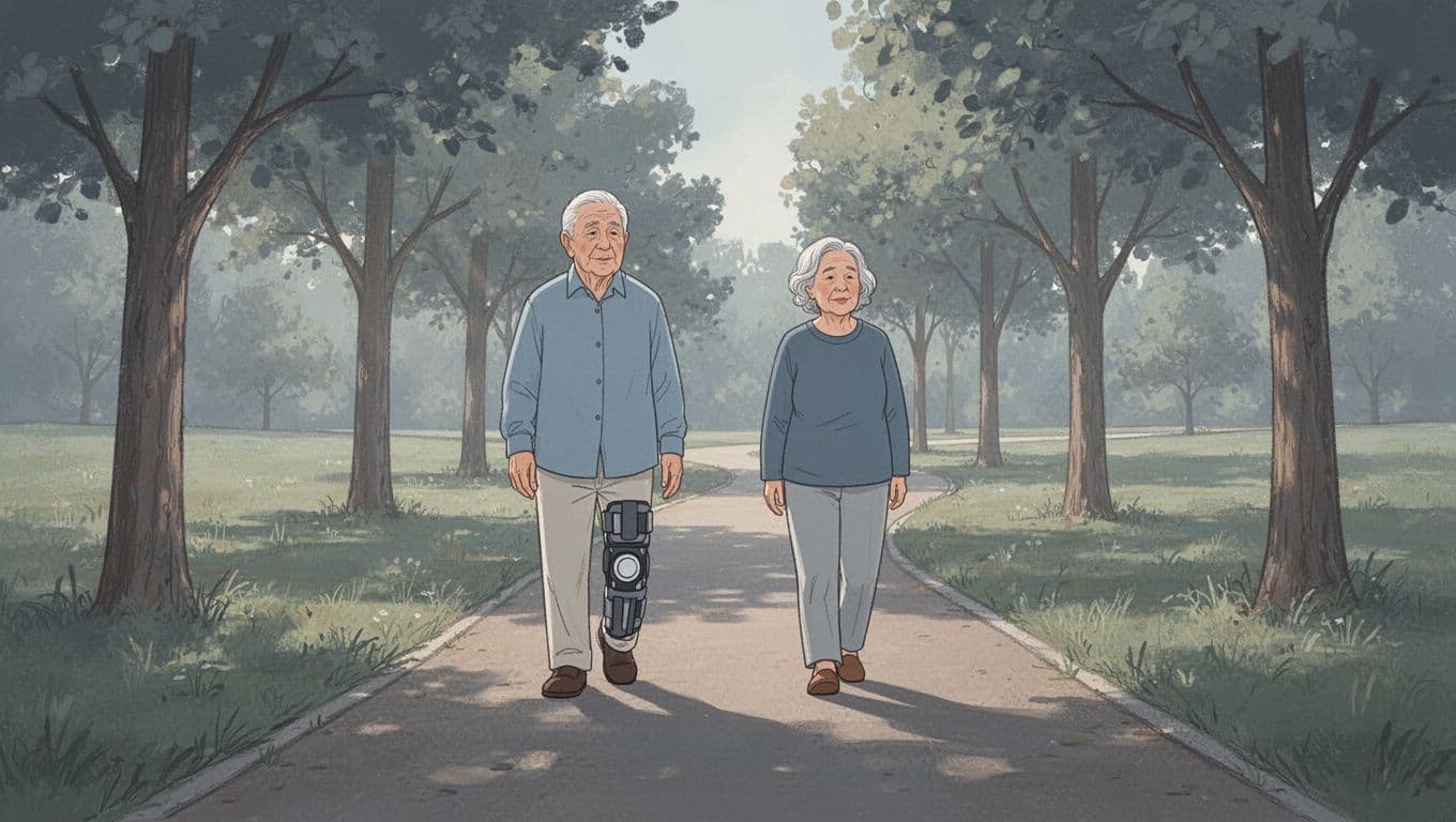 Une personne âgée marche sur un sentier avec une genouillère visible.