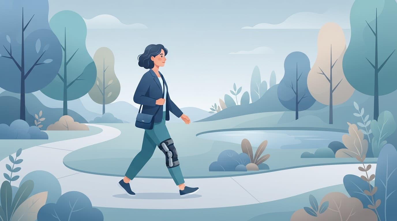 Une personne portant une genouillère marche dans un parc aux tons bleu froid.
