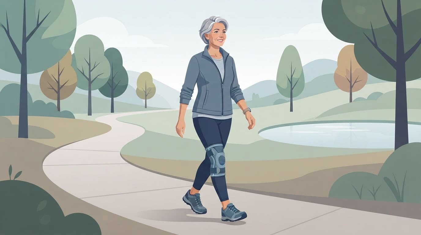 Une personne marche dans un parc avec un maintien au genou.