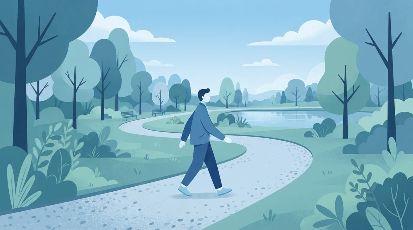 Une personne marche sereinement sur un chemin de parc aux teintes bleutées.