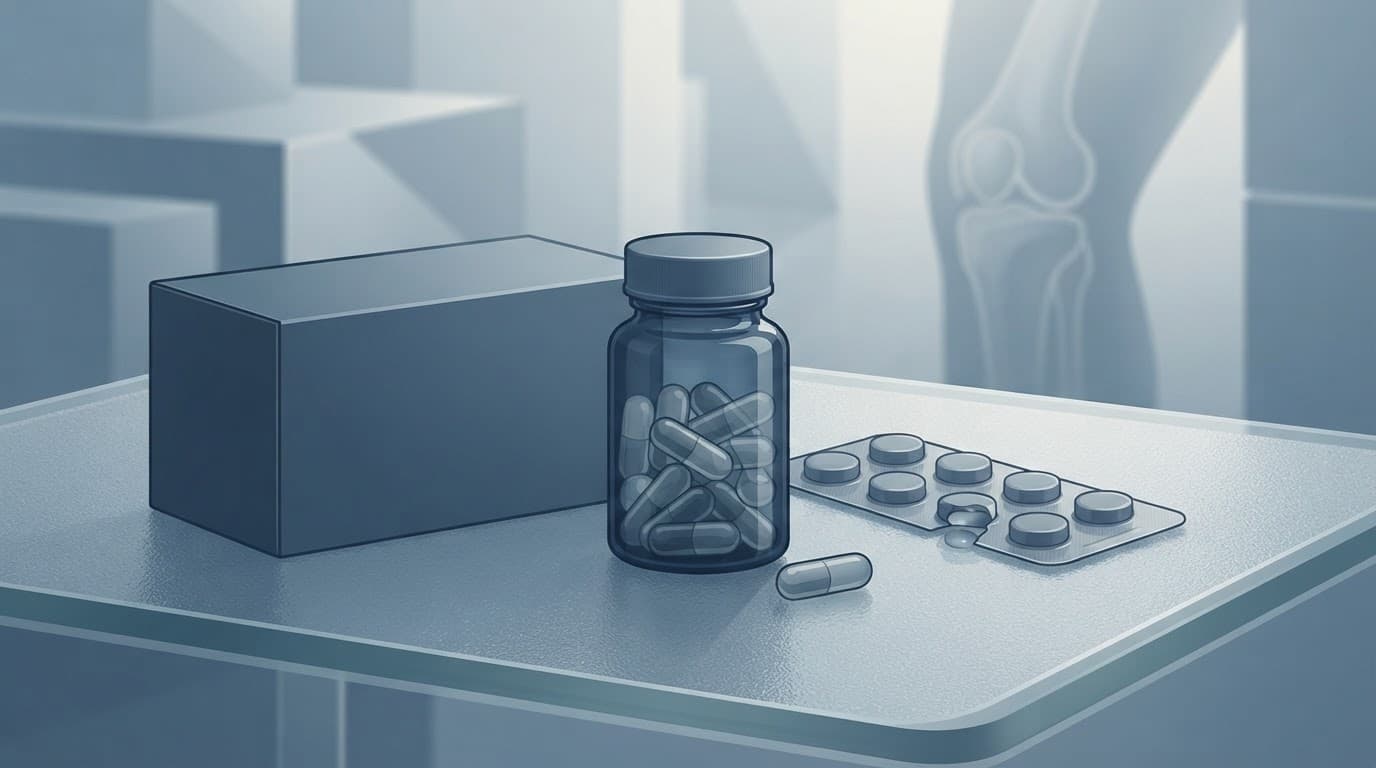 Une boîte de médicaments et des compléments alimentaires sur un fond bleu ardoise.