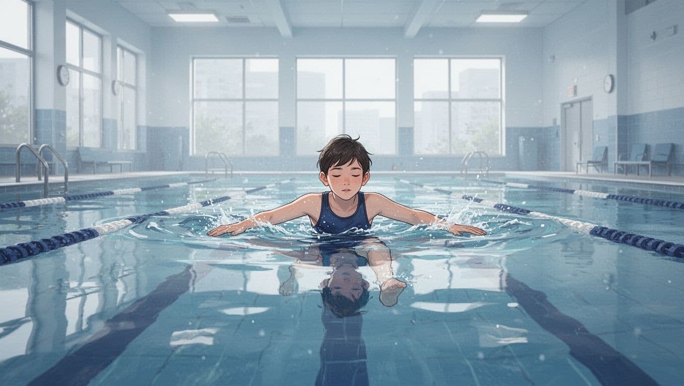 Un adolescent nage calmement seul dans une piscine intérieure lumineuse.