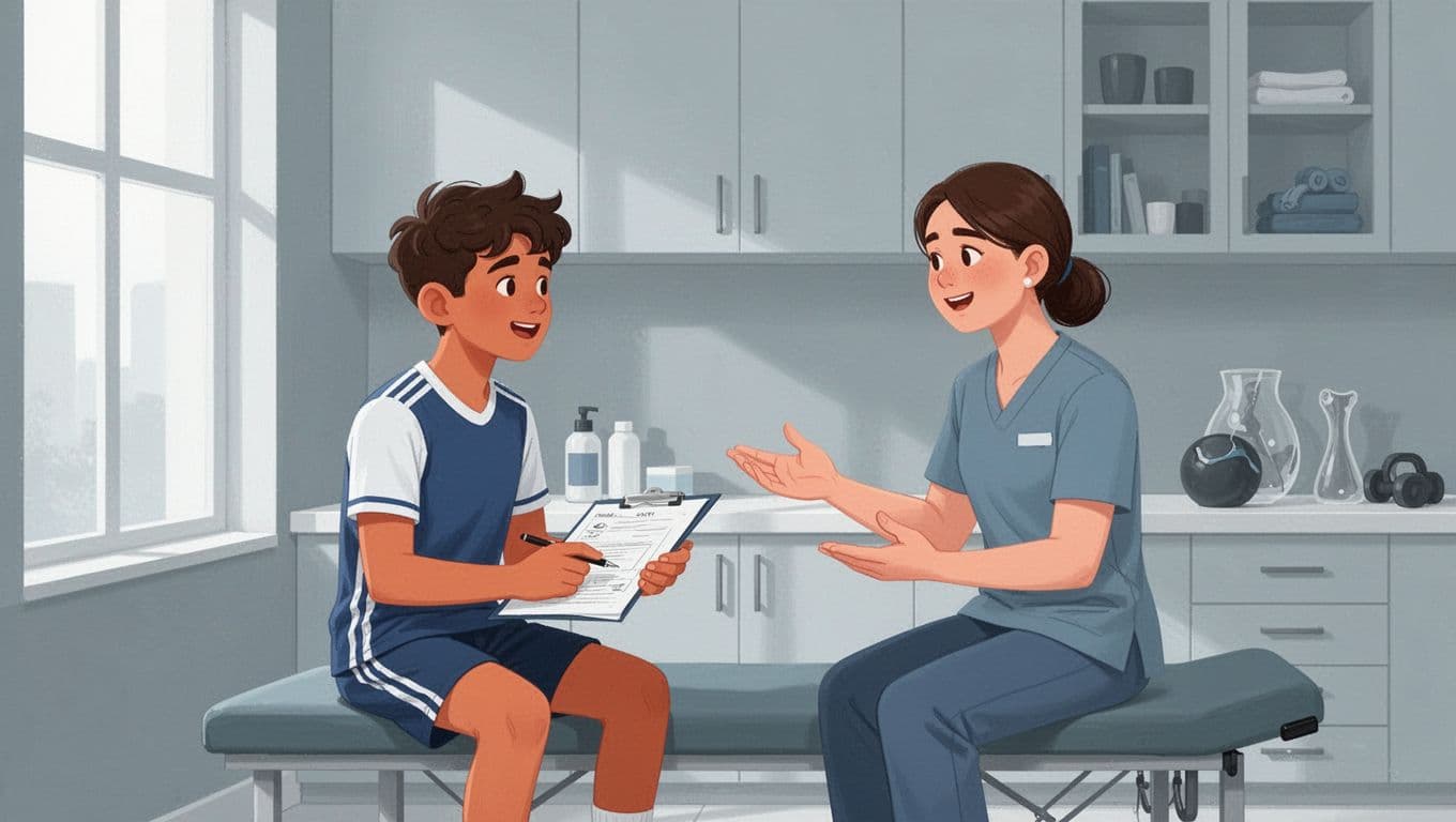 Une jeune athlète discute d'une ordonnance avec un kinésithérapeute dans un cabinet lumineux.