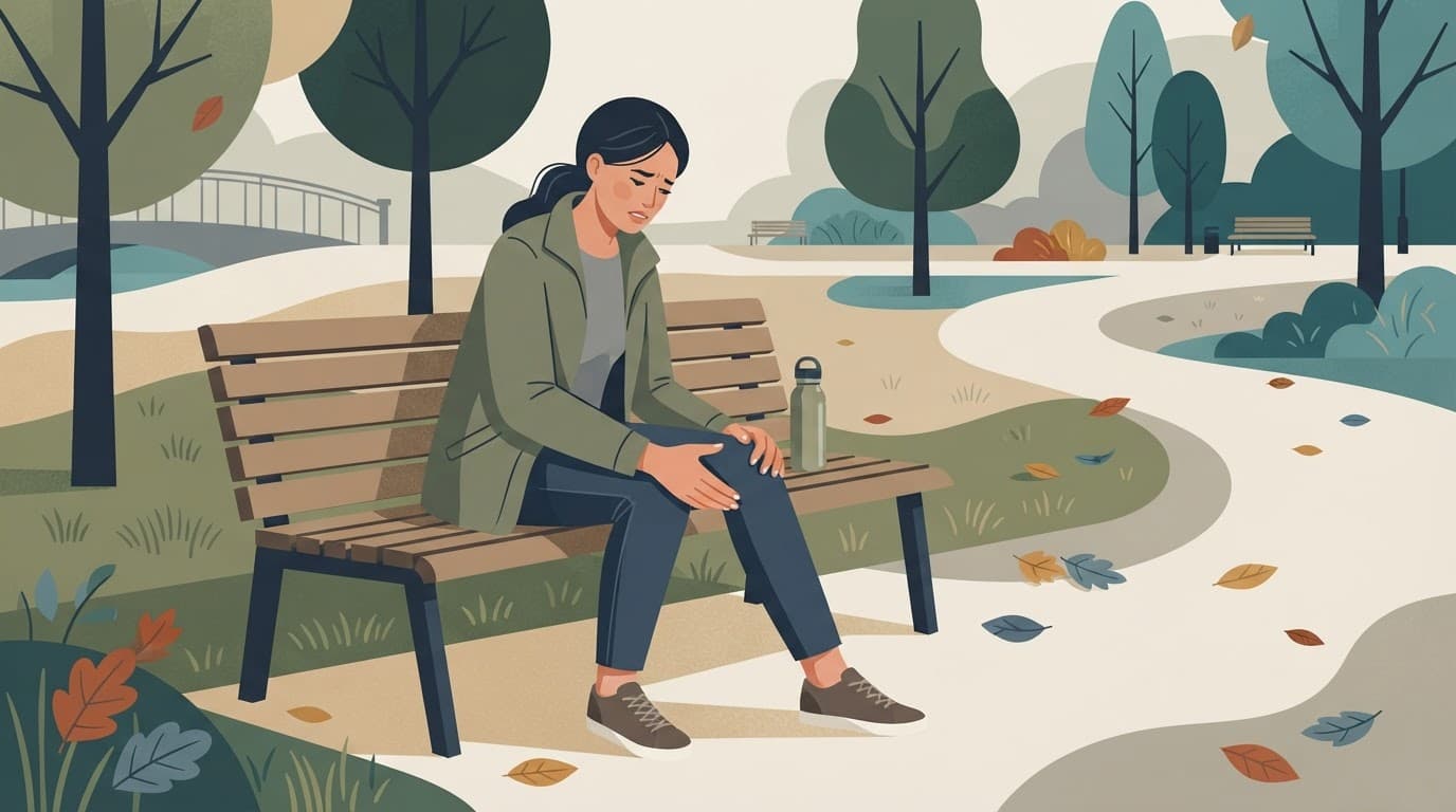 Une personne assise sur un banc tient doucement son genou dans un parc.
