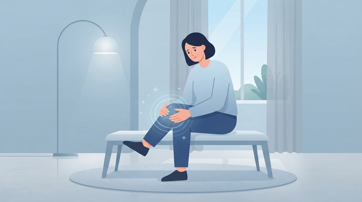 Une personne tient son genou dans une pièce minimaliste bleue.