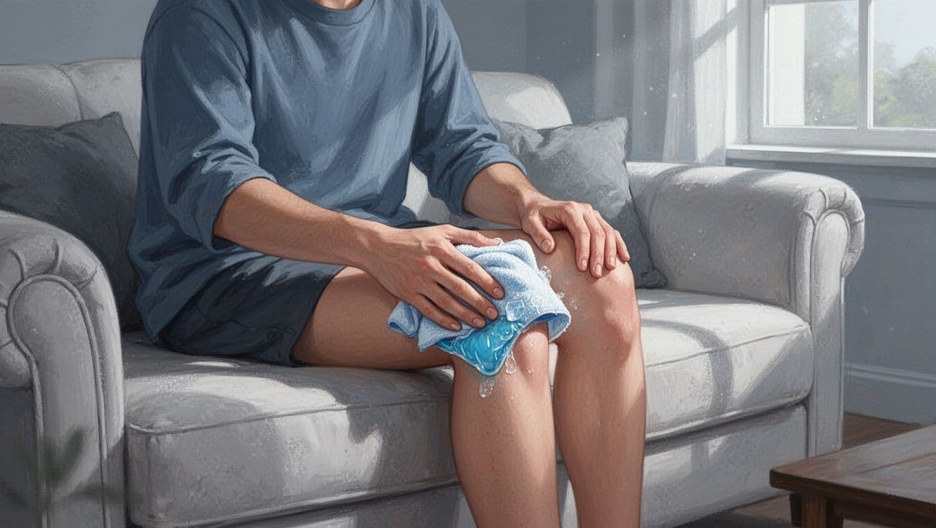 Une personne assise sur un canapé applique une poche froide enveloppée sur son genou.