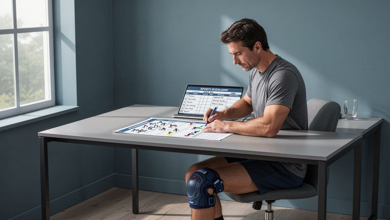 Une personne organise un programme sportif près d'une genouillère sur un bureau bleu ardoise.