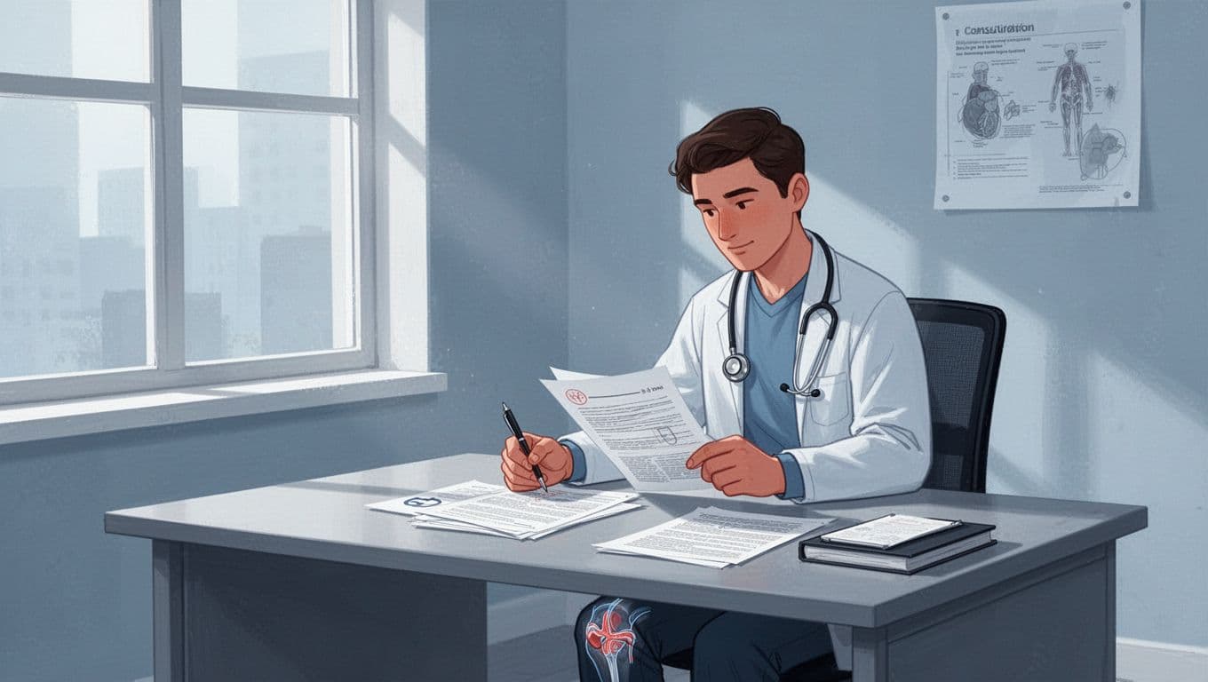 Une personne consulte des notes et des documents médicaux à un bureau.