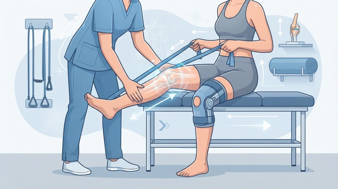 Genou accompagné d'une orthèse et d'accessoires de kinésithérapie sur fond bleu.