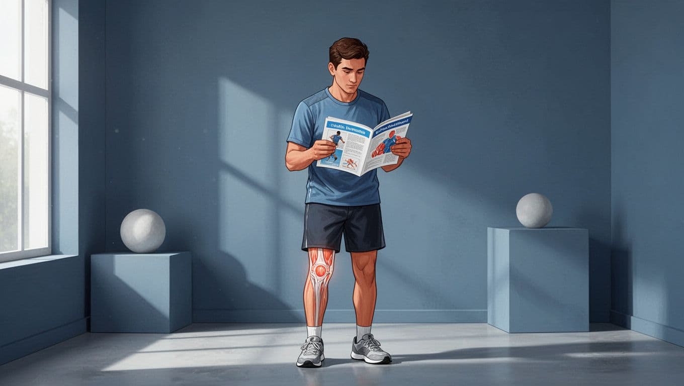 Une personne examine des éléments visuels liés au genou et au sport dans une pièce bleu ardoise.
