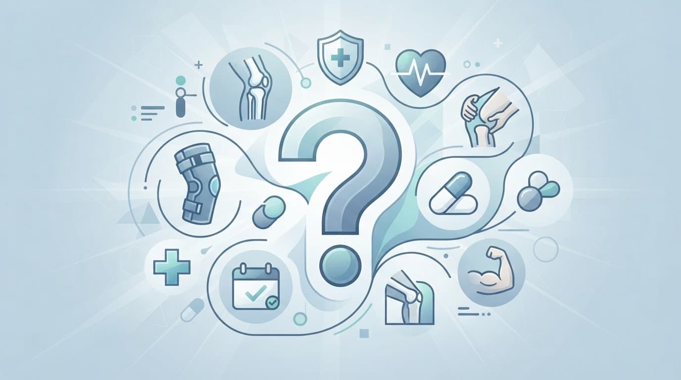 Une question entourée d'icônes médicales et de genouillères sur fond bleu.