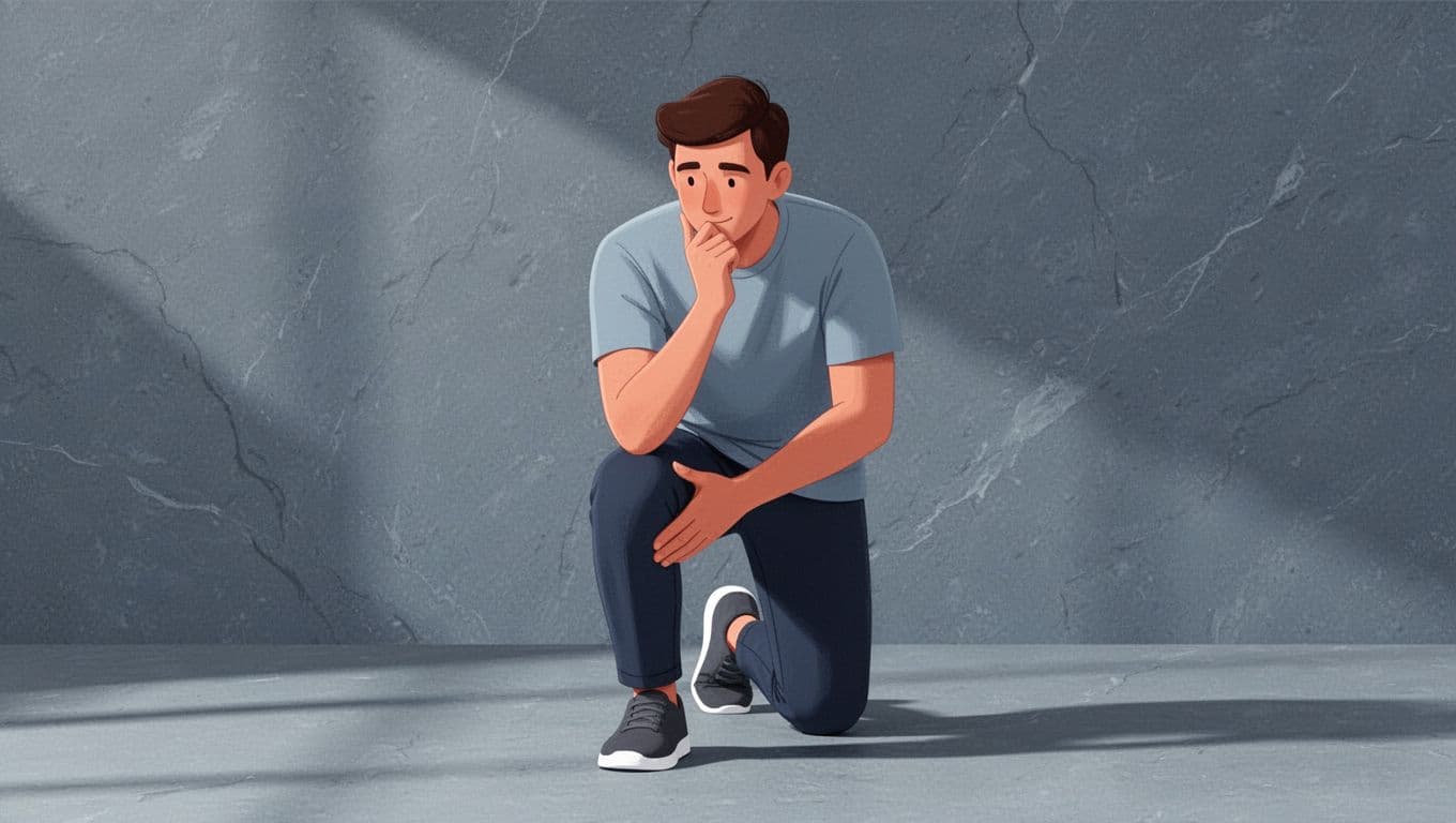 Une personne pose une question sur la santé du genou dans un décor bleu épuré.