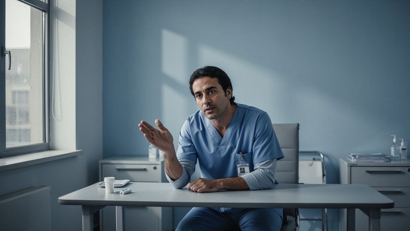 Une personne pose des questions dans une scène de consultation médicale bleue.