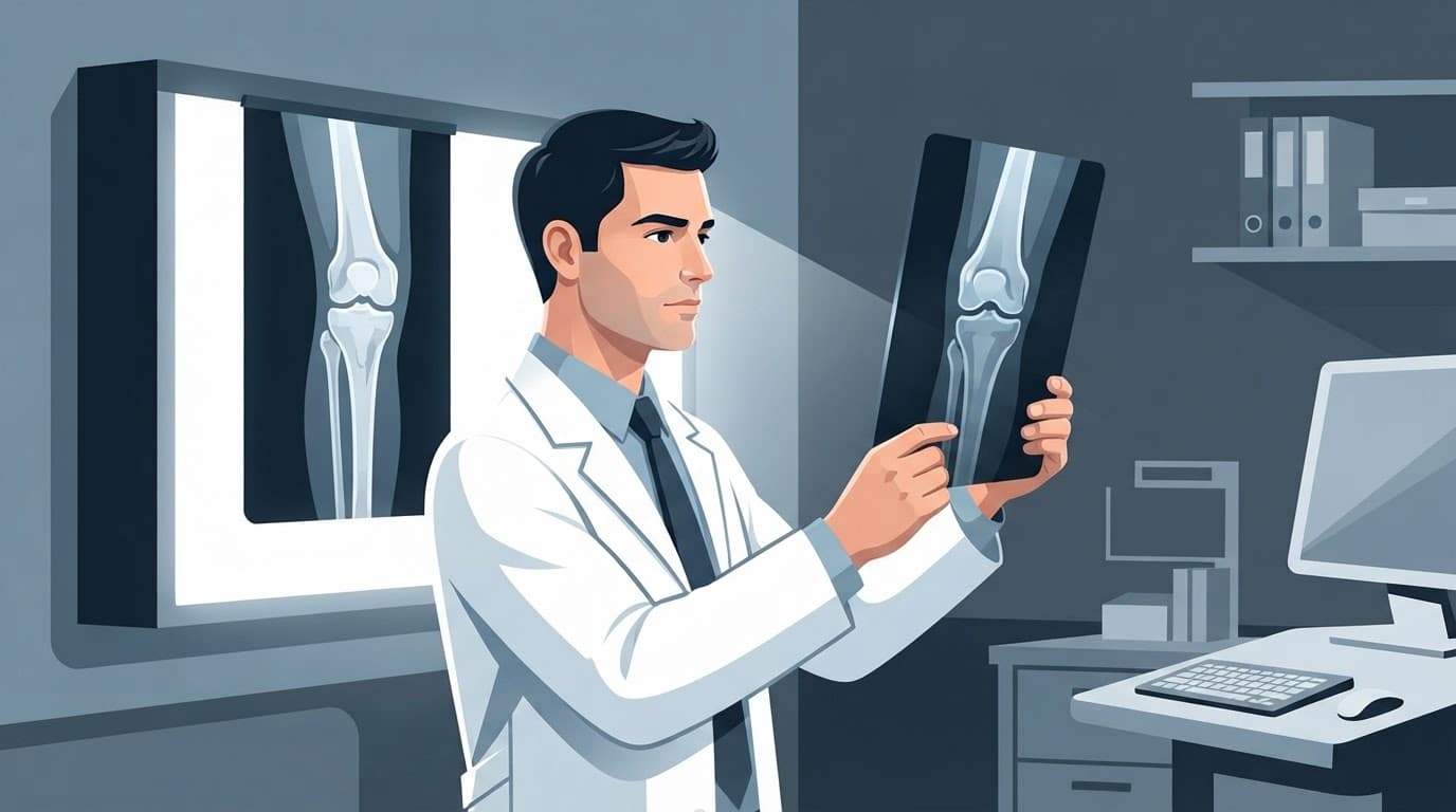 Un radiologue examine une radiographie du genou sur un caisson lumineux.
