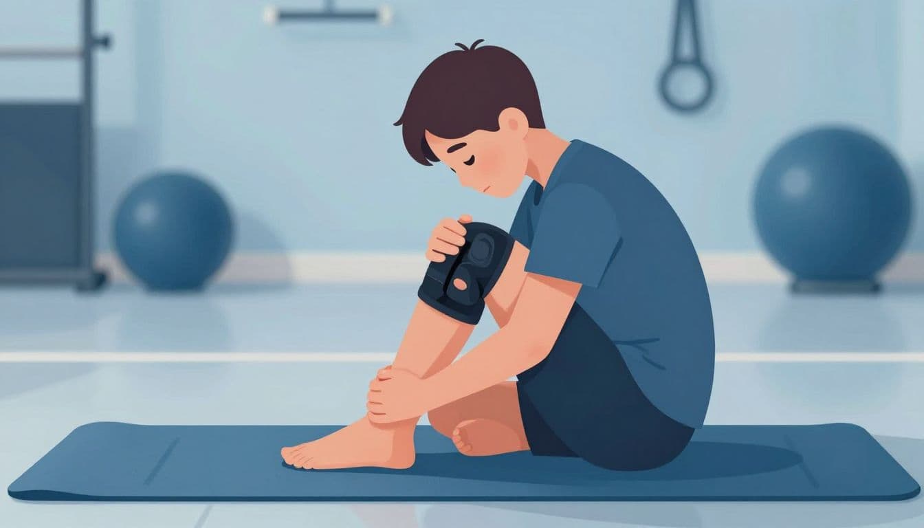 Un adolescent assis porte une genouillère après son entraînement.