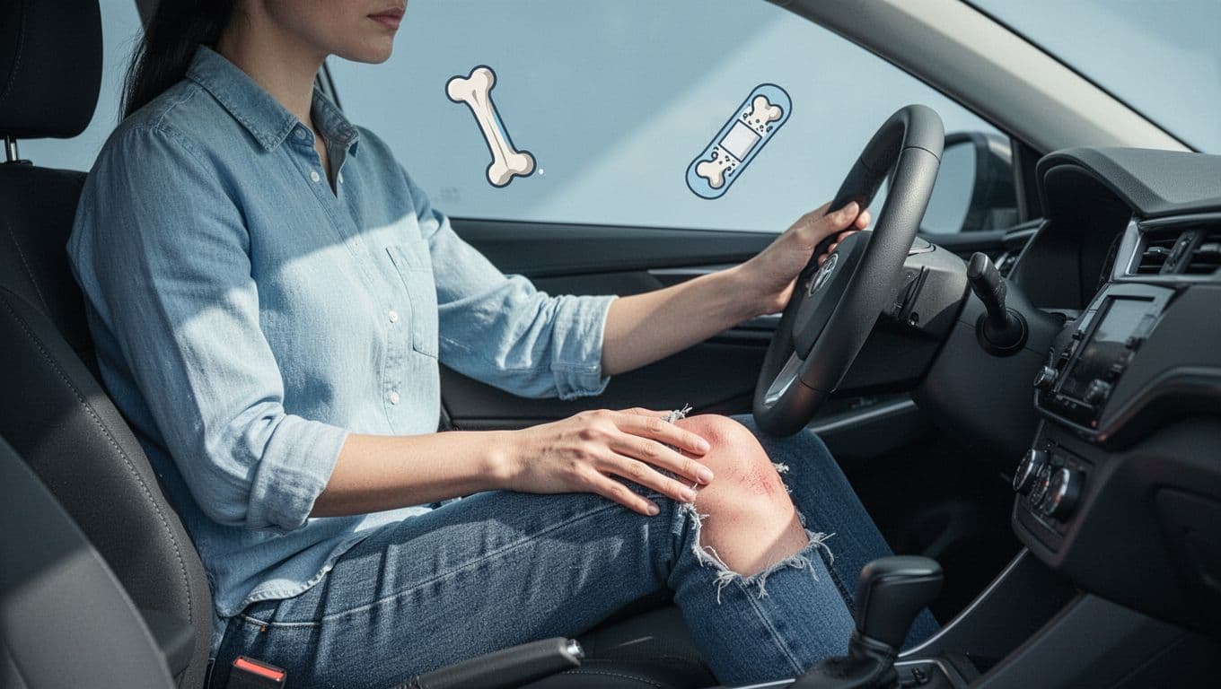 Une personne en récupération face à un volant, avec des icônes médicales bleues.