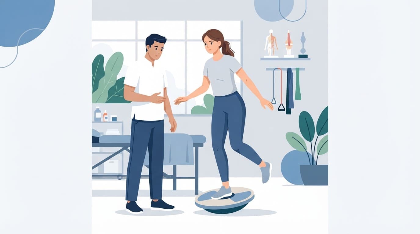 Une kinésithérapeute guide une patiente lors d'un exercice d'équilibre pour le genou.