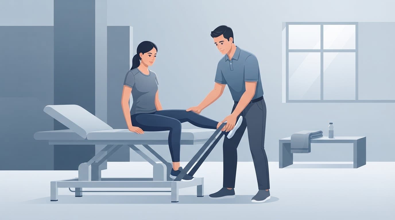 Un kinésithérapeute accompagne un patient pendant un exercice de rééducation du genou.