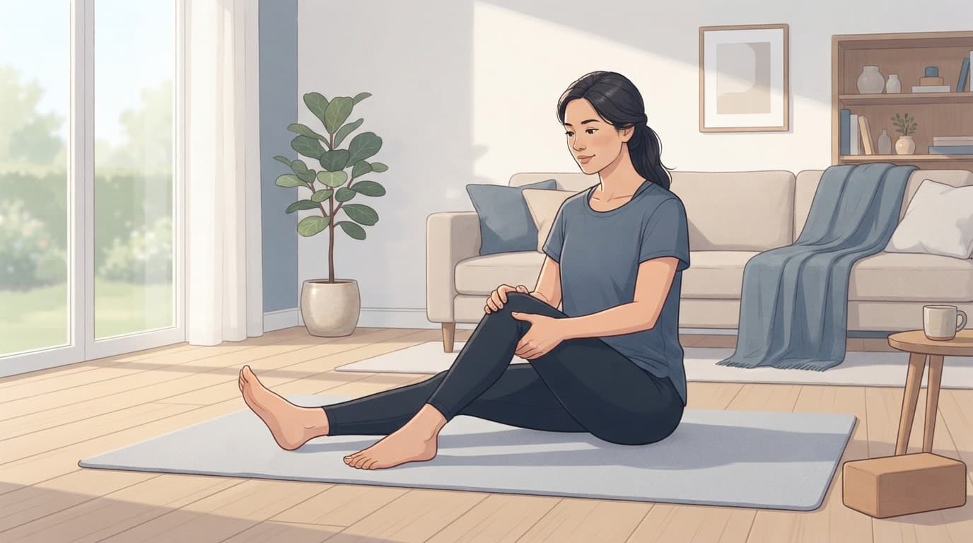 Une personne fait doucement des exercices pour son genou dans un salon lumineux.