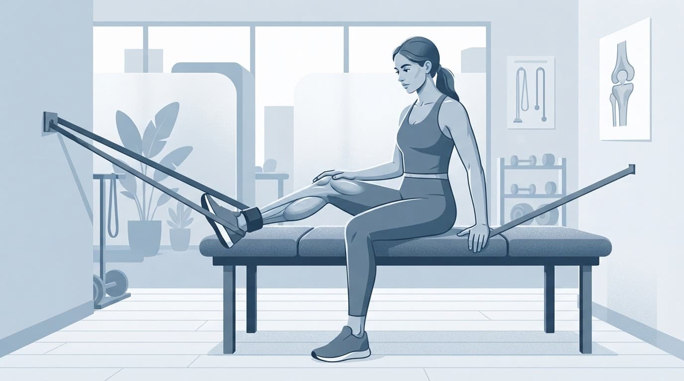 Une personne effectue un exercice contrôlé pour renforcer les muscles autour du genou.