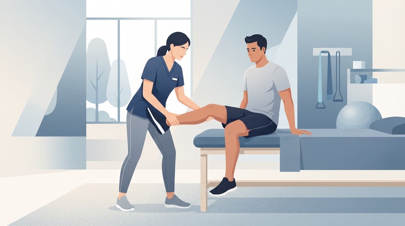 Une patiente réalise un exercice du genou avec un kinésithérapeute.