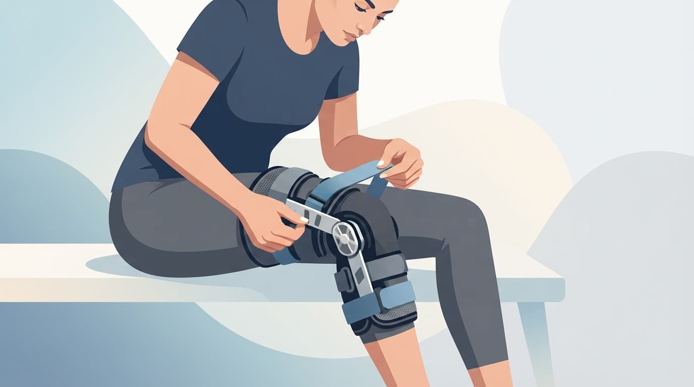 Une personne ajuste une genouillère ligamentaire articulée sur son genou.