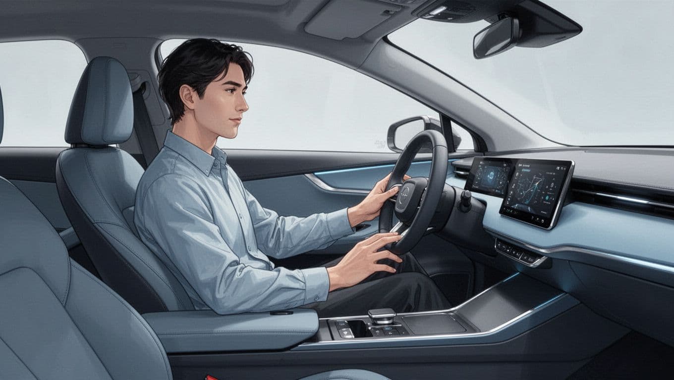 Une personne ajuste son siège, les mains détendues près du volant.