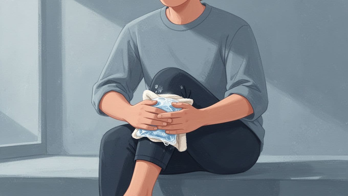 Une personne assise pose une poche de glace sur son genou.