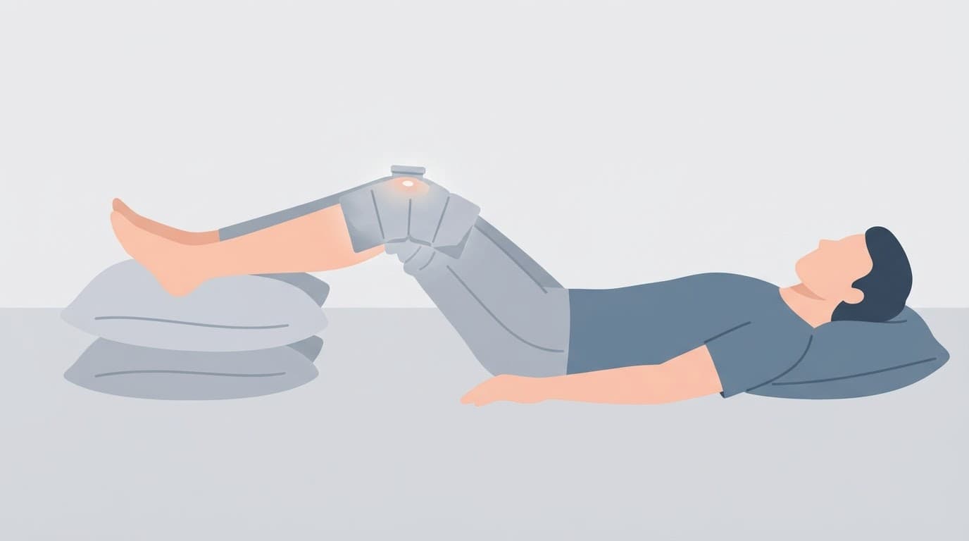 Un genou au repos avec une poche de glace pour soulager l'articulation.