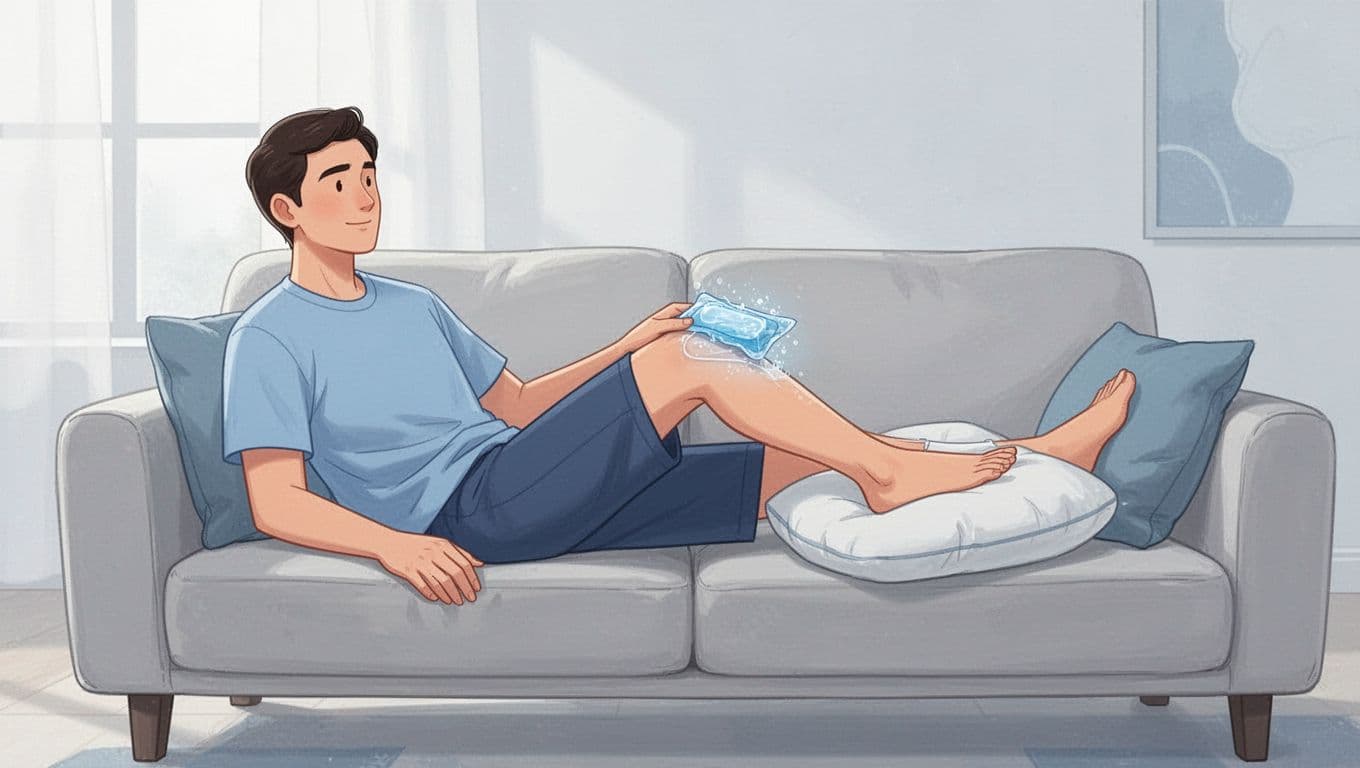 Une personne repose sur un canapé, la jambe surélevée par un coussin et une poche froide près du genou.