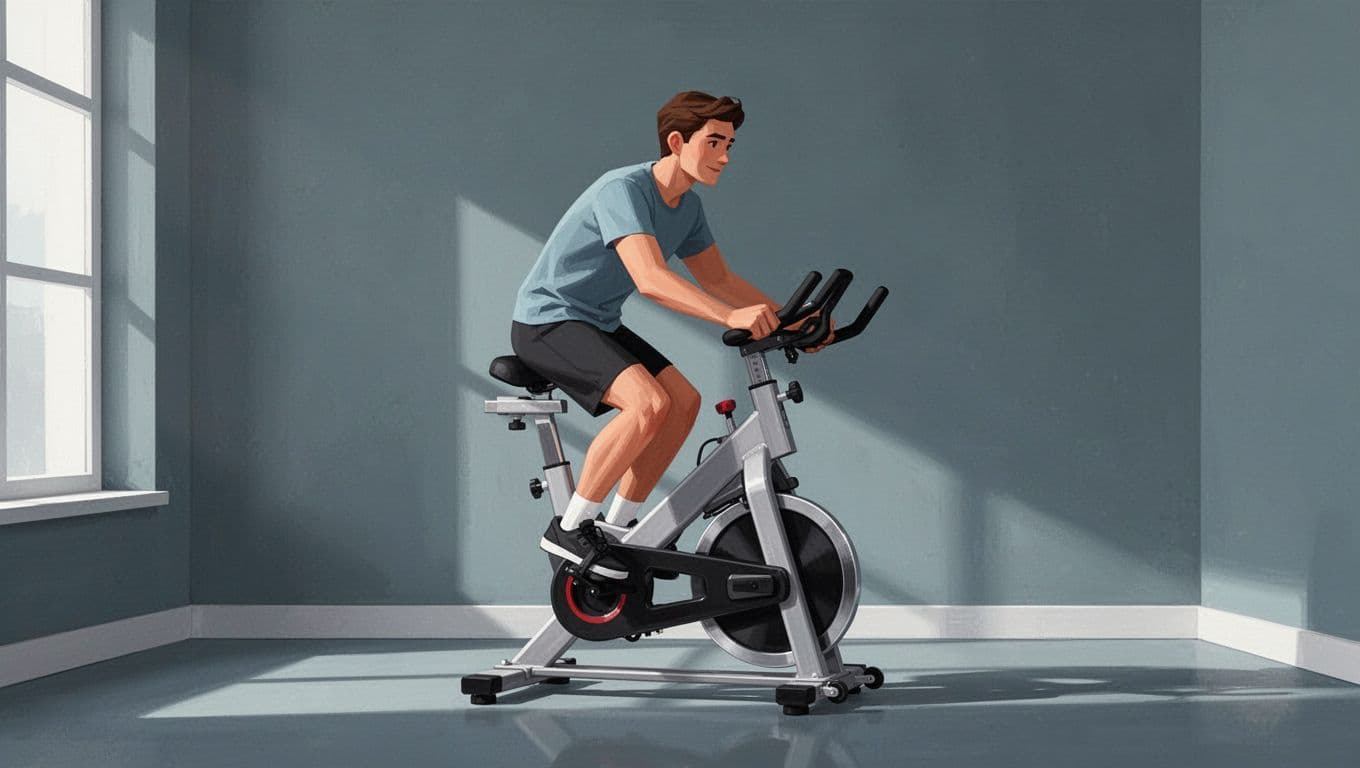 Une personne fait du vélo d'appartement dans une pièce épurée.
