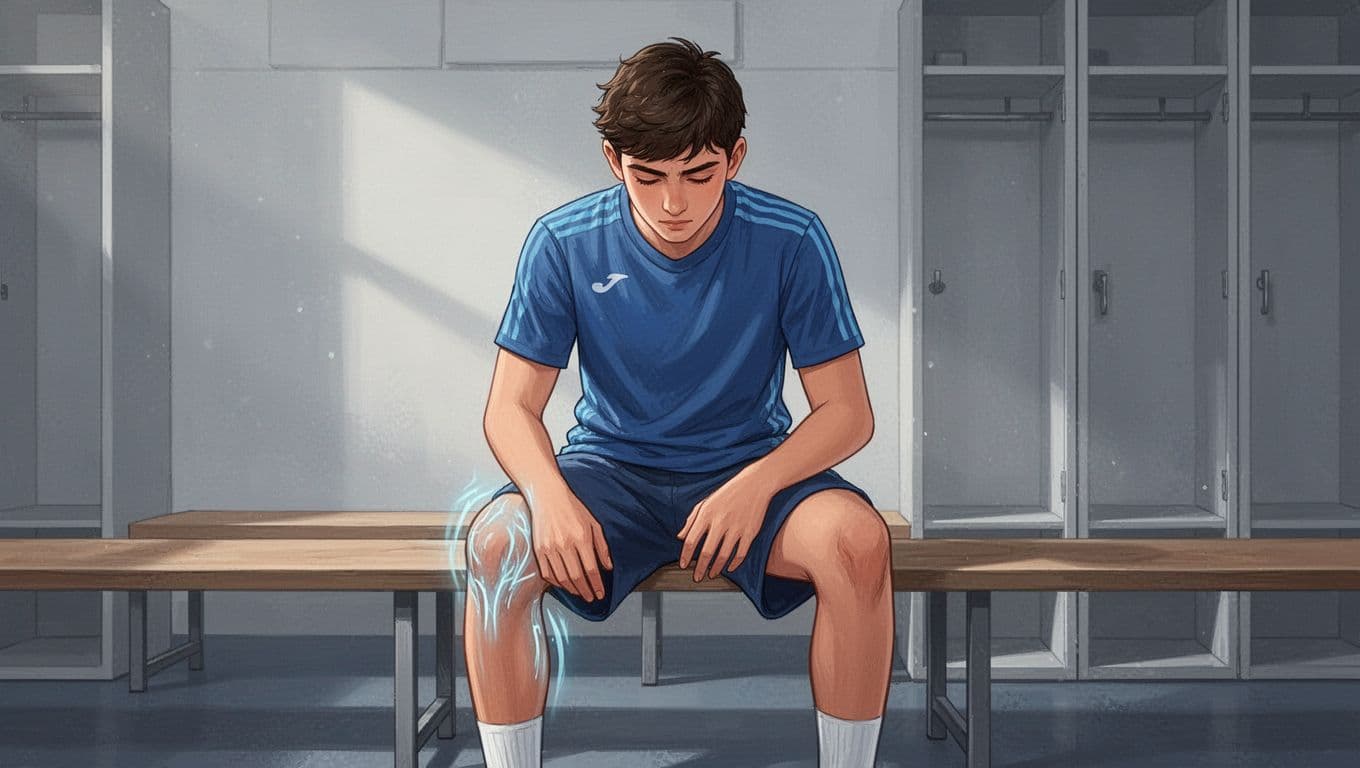 Un adolescent assis après le sport, avec un genou légèrement fléchi.