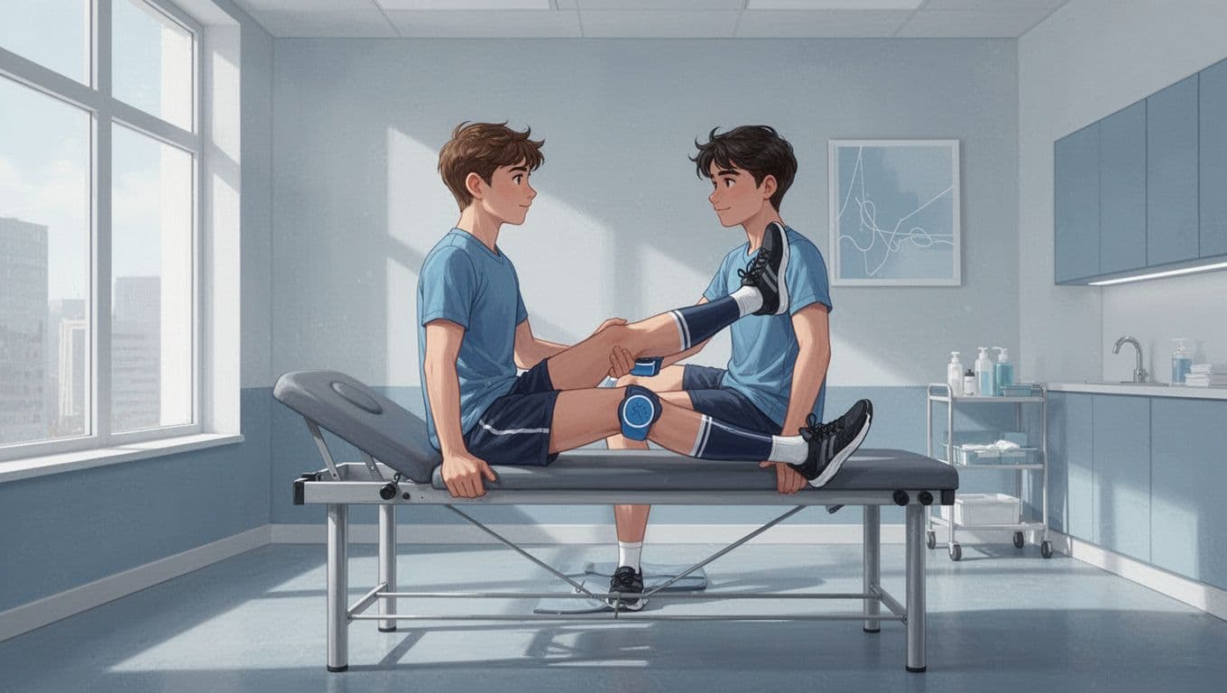 Un jeune sportif fait un exercice pour le genou avec une kinésithérapeute.