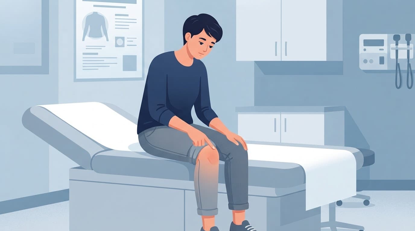 Une personne assise indique son genou dans un cabinet médical bleu.