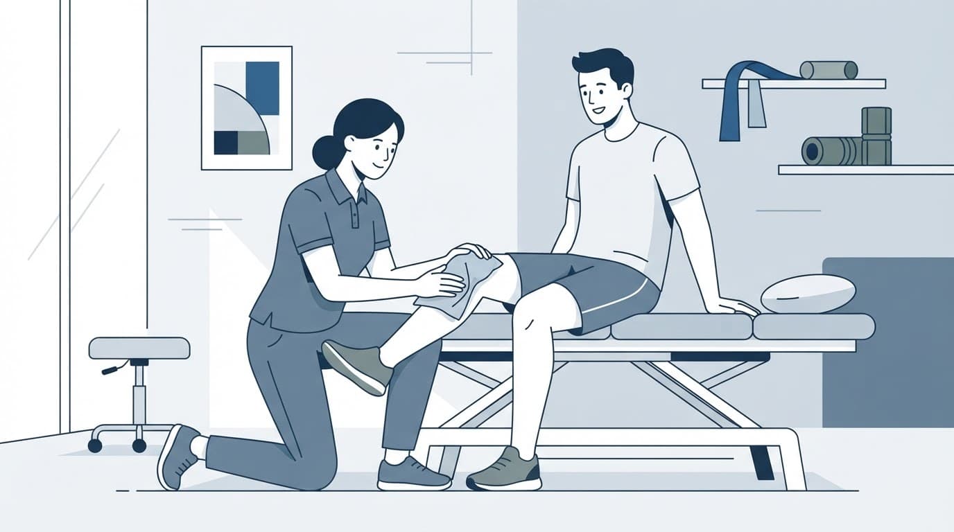 Un kinésithérapeute applique une poche froide sur le genou d'un coureur.