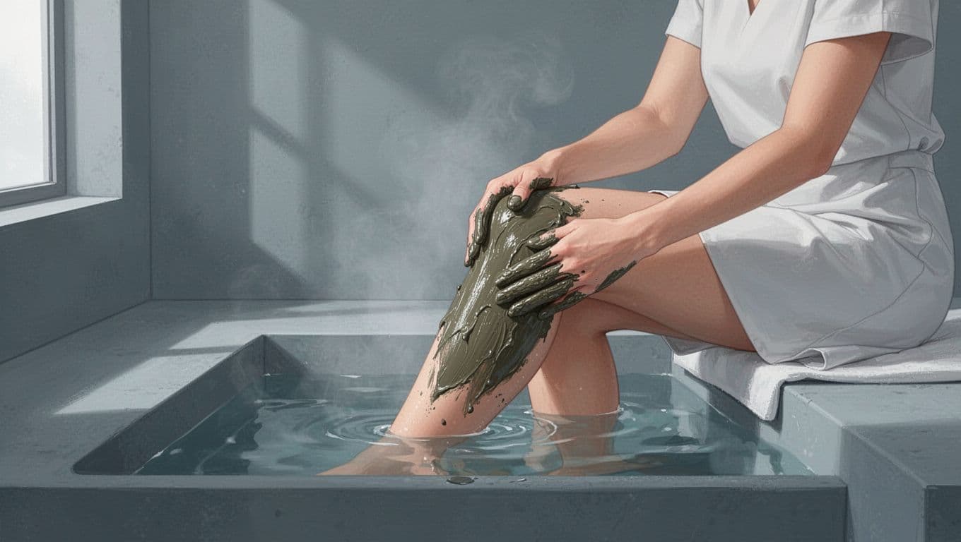 Une personne applique une boue thermale sur son genou près d'un bassin d'eau.