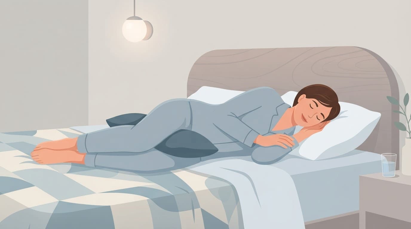 Une personne dort sur le côté avec un oreiller entre les genoux.
