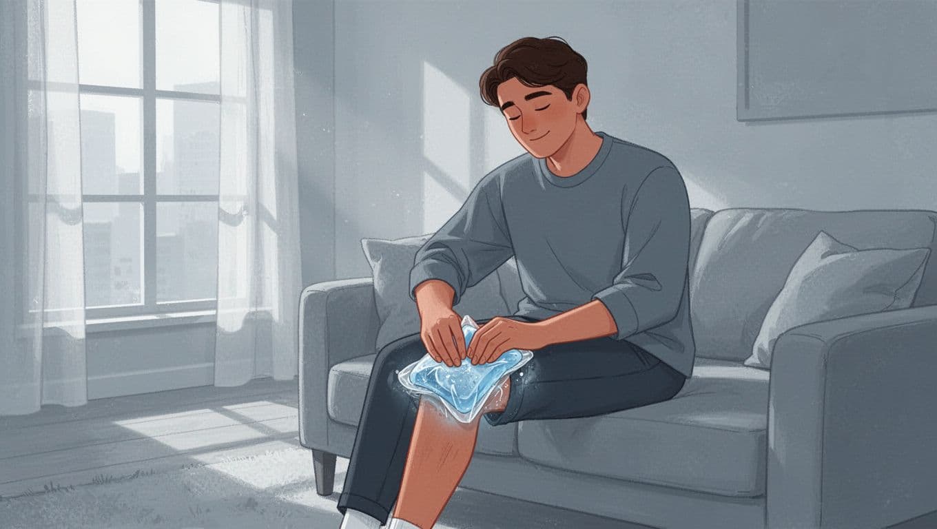 Une personne applique une poche de glace sur son genou dans un salon lumineux.