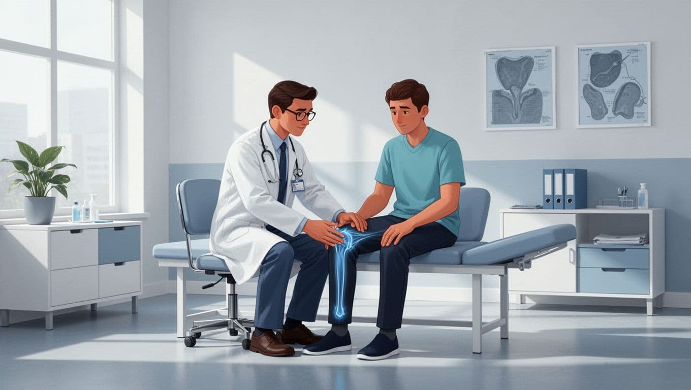 Un médecin et un patient évaluent la mobilité du genou dans un cabinet lumineux.